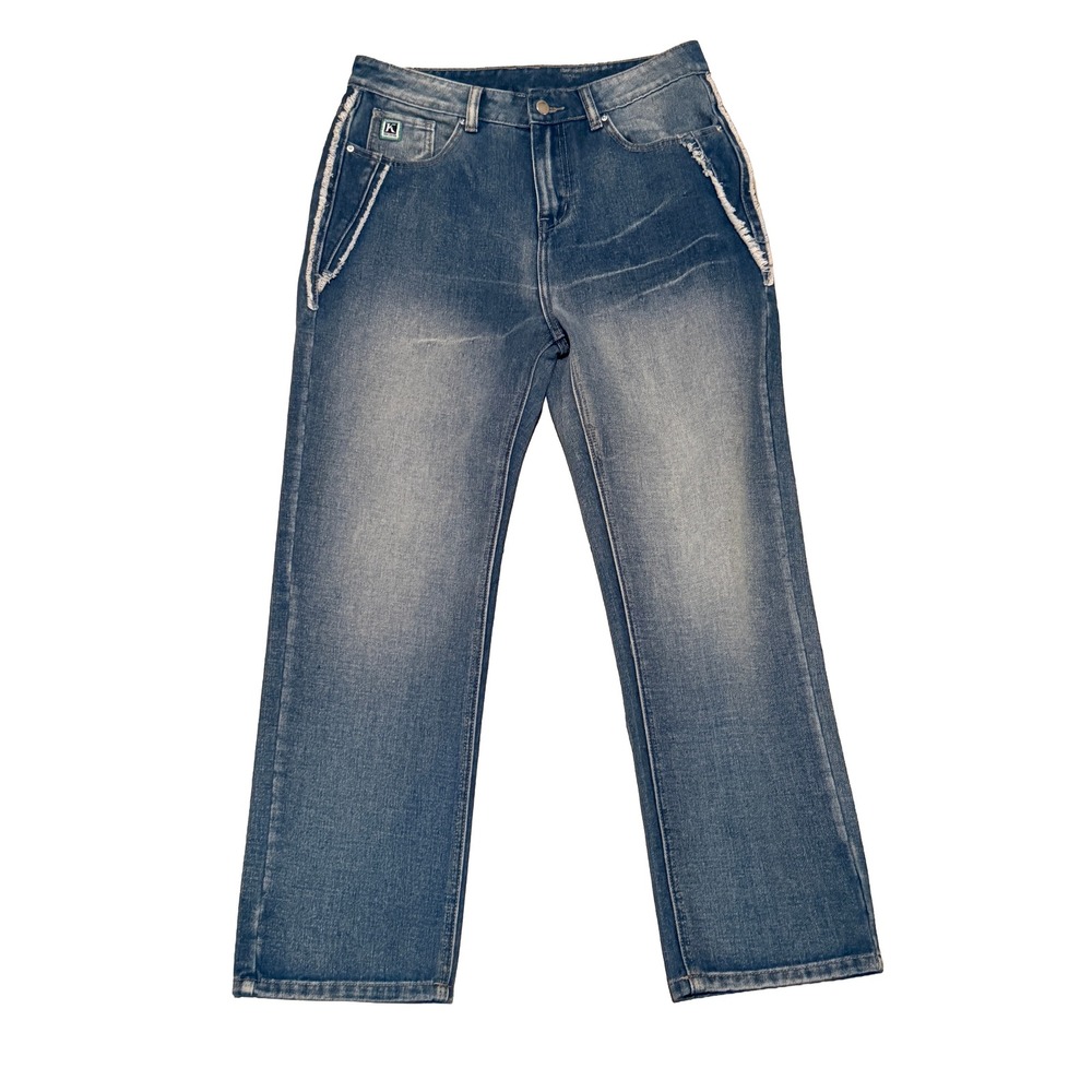 SHEILAY Straight Leg Jeans Womens L Blue American Flag Frayed Trim Denim